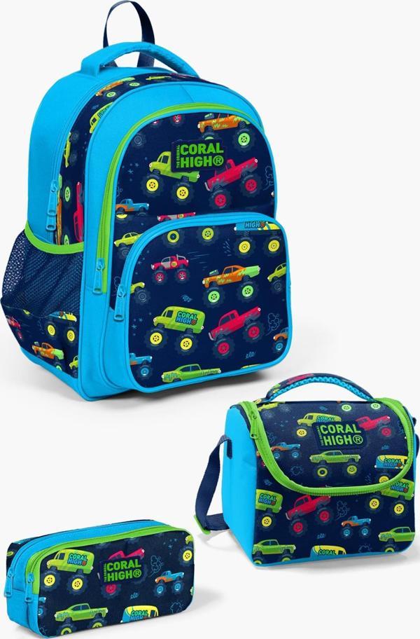 Coral High Kids Mavi Lacivert Monster Truck Desenli 3'lü Okul Çanta Seti SET0123406 - Image 1
