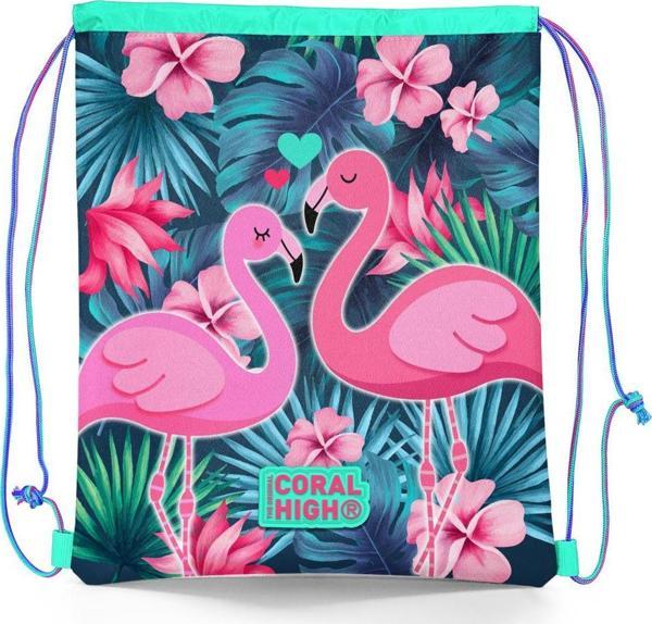 Coral High Kids Neon Mercan Su Yeşili Flamingo Desenli İpli Büzgülü Sırt Çantası 22484 - Image 1