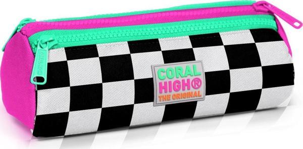 Coral High Kids Neon Pembe Dama Desenli Üç Bölmeli Kalem Çantası 22001 - Image 1