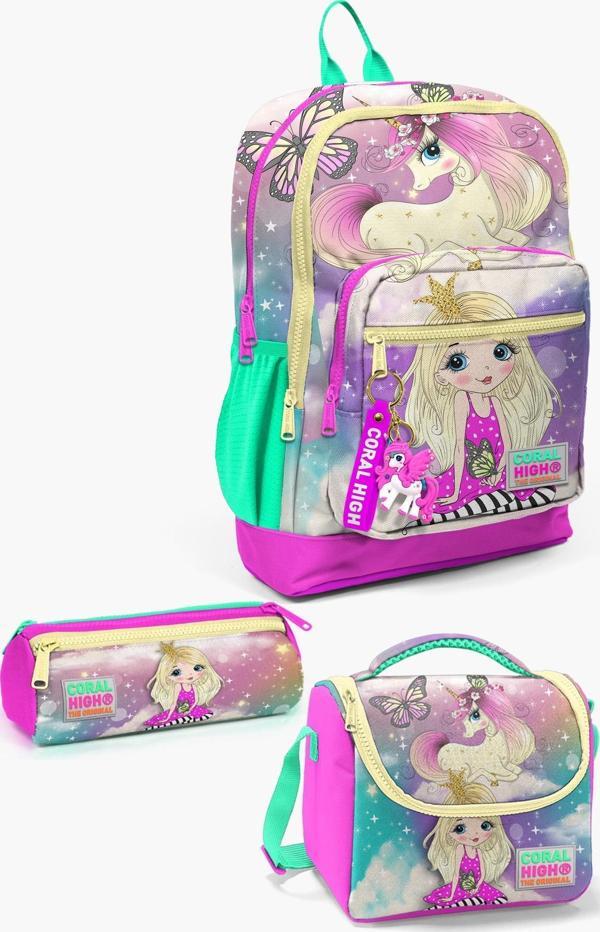 Coral High Kids Pembe Su Yeşili Unicornlu Kız Desenli 3’lü Okul Çanta Seti SET0123733 - Image 1