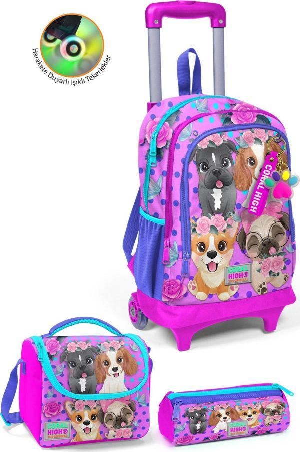 Coral High Kids Pembe Köpek Desenli Üç Bölmeli Çekçekli3'lü Çanta Seti SET0123950 - Image 1