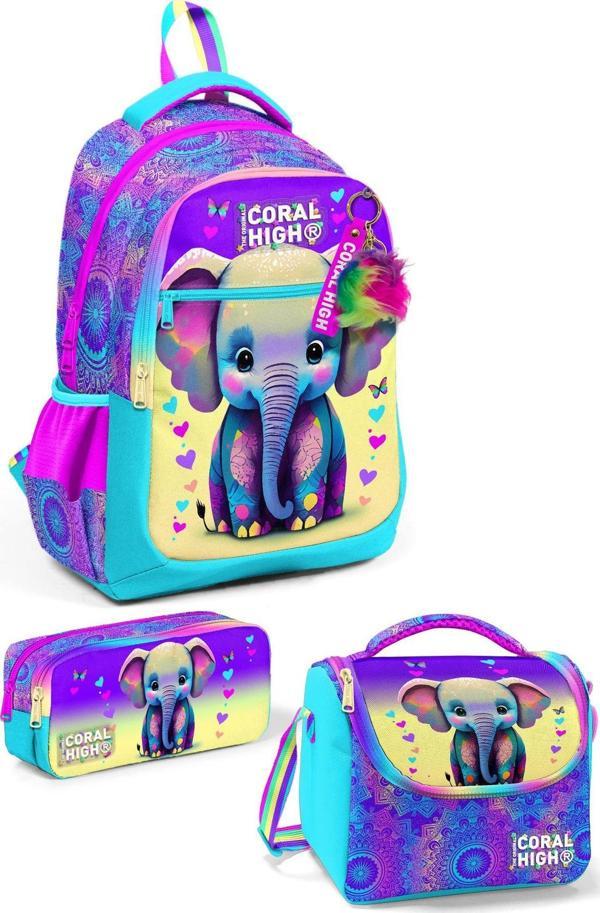 Coral High Kids Pembe Turkuaz Fil Desenli 3’lü Okul Çanta Seti SET0123650 - Image 1