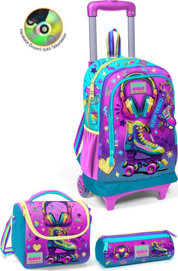 Coral High Kids Pembe Turkuaz Kulaklık Paten Desenli Çekçekli 3'lü Çanta Seti SET0123954 - Image 1