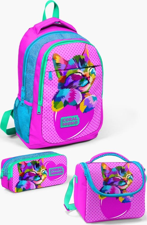 Coral High Kids Pembe Mavi Simli Kedi Desenli 3’lü Okul Çanta Seti SET014387 - Image 1