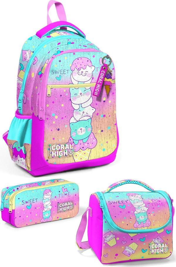 Coral High Kids Renkli Dondurmalı Kedi Desenli 3’lü Okul Çanta Seti SET0123648 - Image 1