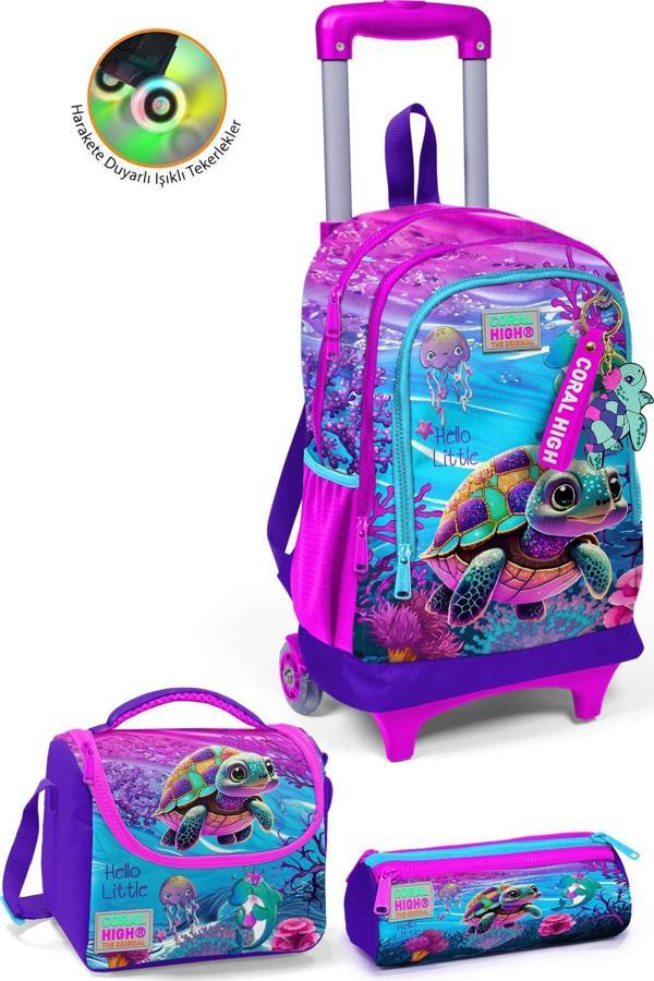 Coral High Kids Pembe Mor Kaplumbağa Desenli Üç Bölmeli Çekçekli 3'lü Çanta Seti SET0123956 - Image 1