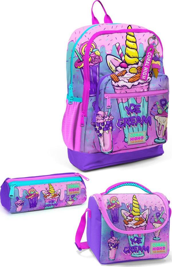 Coral High Kids Pembe Mor Milkshake Dondurma Desenli 3’lü Okul Çanta Seti SET0123749 - Image 1