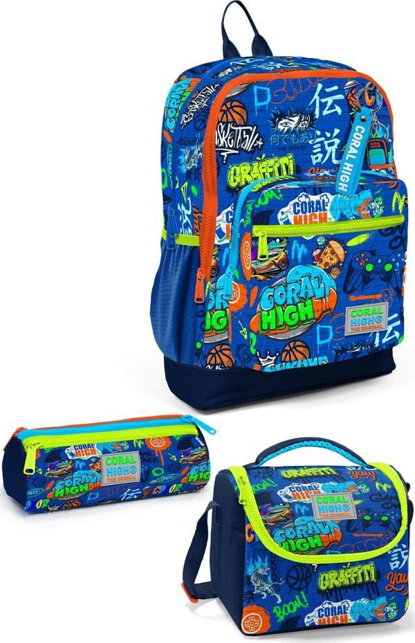 Coral High Kids Saks Grafiti Desenli 3’lü Okul Çanta Seti SET0123767 - Image 1