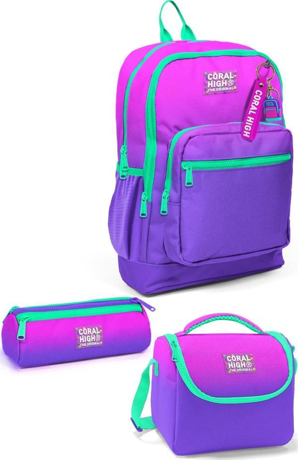 Coral High Kids Pembe Mor Renk Geçişli 3’lü Okul Çanta Seti SET0123762 - Image 1