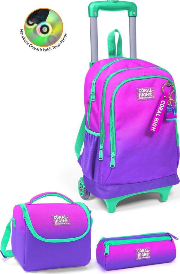 Coral High Kids Pembe Mor Renk Geçişli Üç Bölmeli Çekçekli 3'lü Çanta Seti SET0123962 - Image 1