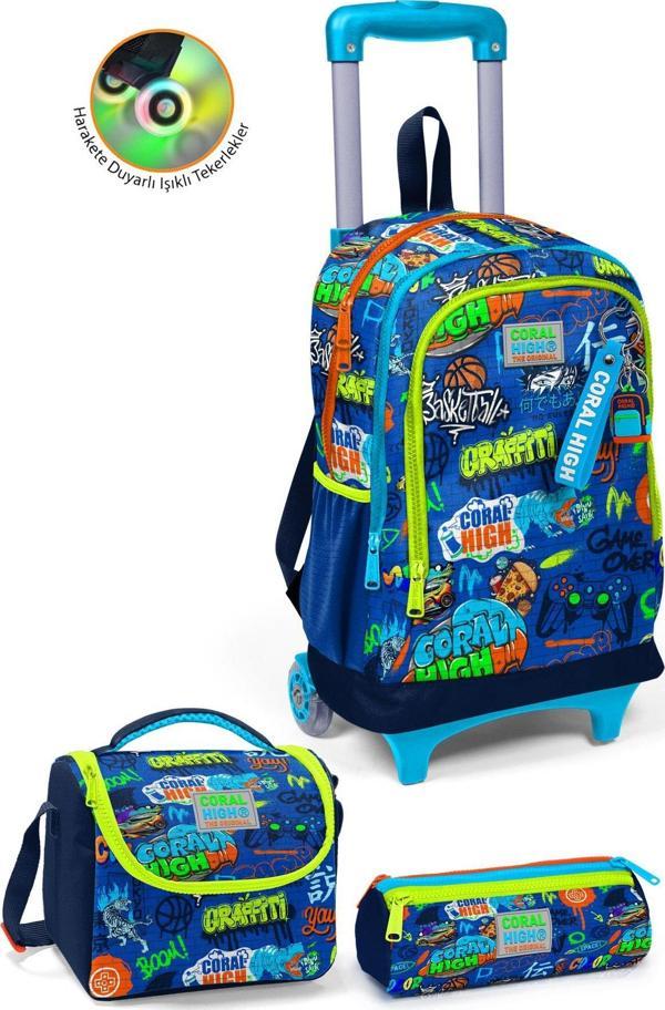Coral High Kids Saks Grafiti Desenli Üç Bölmeli Çekçekli 3'lü Çanta Seti SET0123967 - Image 1