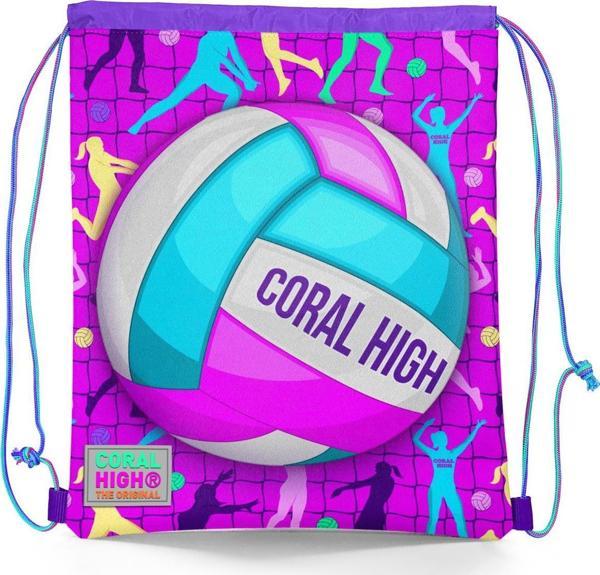 Coral High Kids Pembe Mor Voleybol Desenli İpli Büzgülü Sırt Çantası 12649 - Image 1