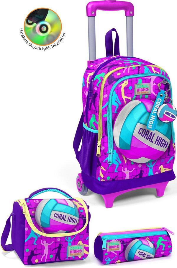 Coral High Kids Pembe Mor Voleybol Desenli Üç Bölmeli Çekçekli 3'lü Çanta Seti SET0123961 - Image 1