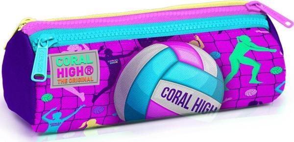 Coral High Kids Pembe Mor Voleybol Desenli Üç Bölmeli Kalem Çantası 22061 - Image 1