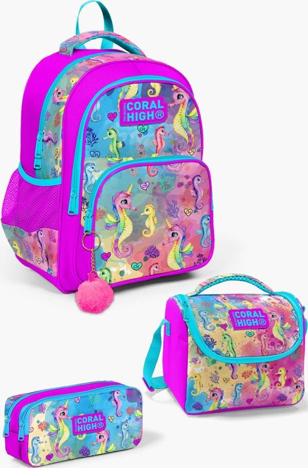 Coral High Kids Pembe Rengarenk Denizatı Desenli 3'lü Okul Çanta Seti SET0114412 - Image 1