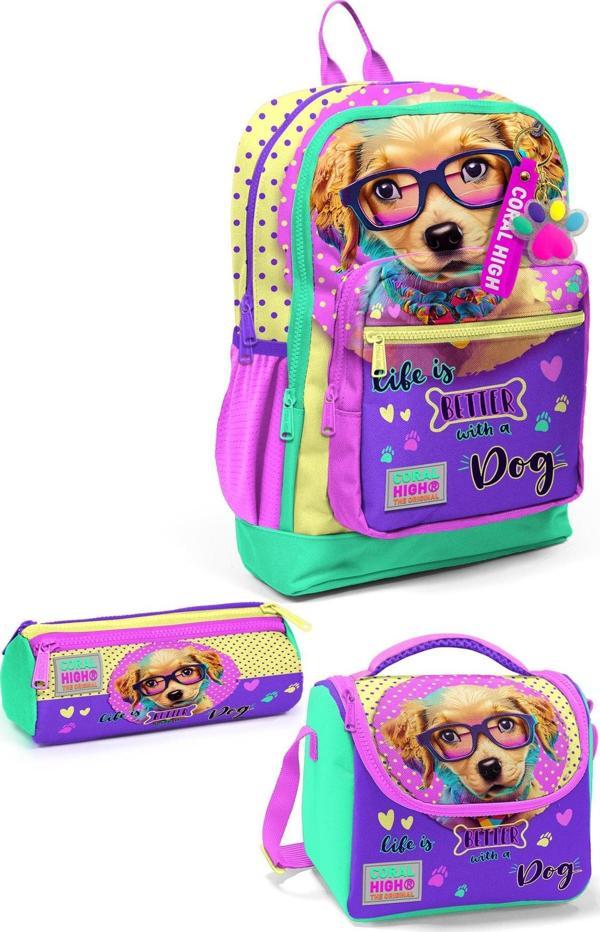 Coral High Kids Sarı Pembe Sevimli Köpek Desenli 3’lü Okul Çanta Seti SET0123752 - Image 1