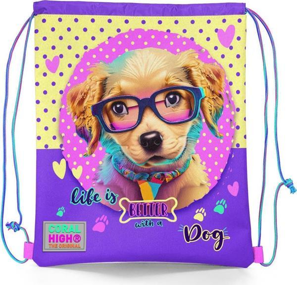 Coral High Kids Sarı Pembe Sevimli Köpek Desenli İpli Büzgülü Sırt Çantası 12646 - Image 1