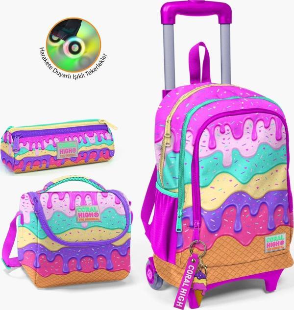 Coral High Kids Pembe Rengarenk Dondurma Desenli Çekçekli 3’lü Okul Çanta Seti SET0123931 - Image 1