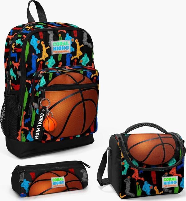 Coral High Kids Siyah Basketbol Desenli 3’lü Okul Çanta Seti SET0123471 - Image 1