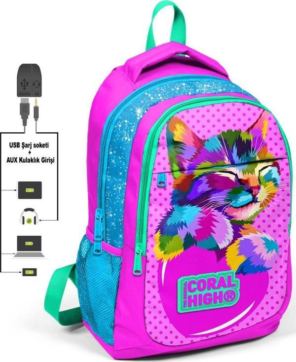 Coral High Kids Pembe Simli Üç Bölmeli USB Şarjlı Kulaklık Çıkışlı Sırt Çantası 24301 - Image 1