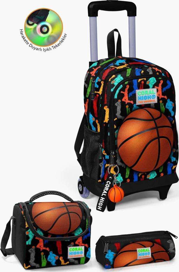 Coral High Kids Siyah Basketbol Desenli Çekçekli 3'lü Çanta Seti SET0123377 - Image 1