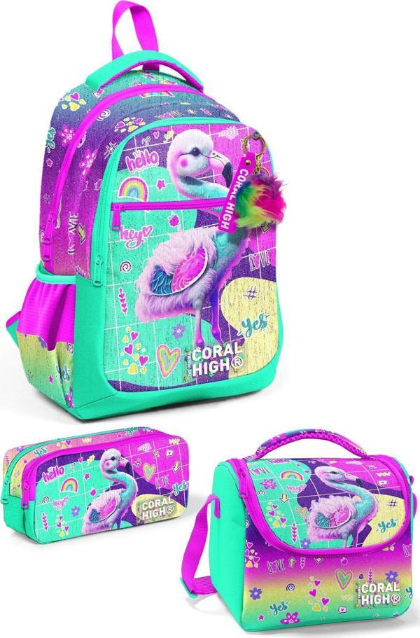 Coral High Kids Pembe Su Yeşili Flamingo Desenli 3’lü Okul Çanta Seti SET0123647 - Image 1