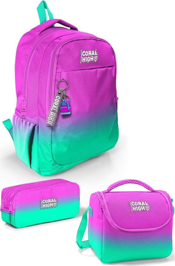 Coral High Kids Pembe Su Yeşili Renk Geçişli 3’lü Okul Çanta Seti SET0123664 - Image 1