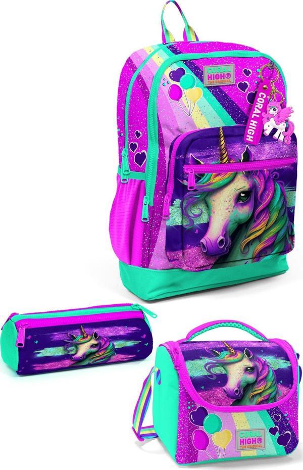 Coral High Kids Pembe Su Yeşili Unicorn Desenli 3’lü Okul Çanta Seti SET0123758 - Image 1