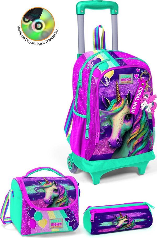Coral High Kids Pembe Su Yeşili Unicorn Desenli Üç Bölmeli Çekçekli 3'lü Çanta Seti SET0123958 - Image 1