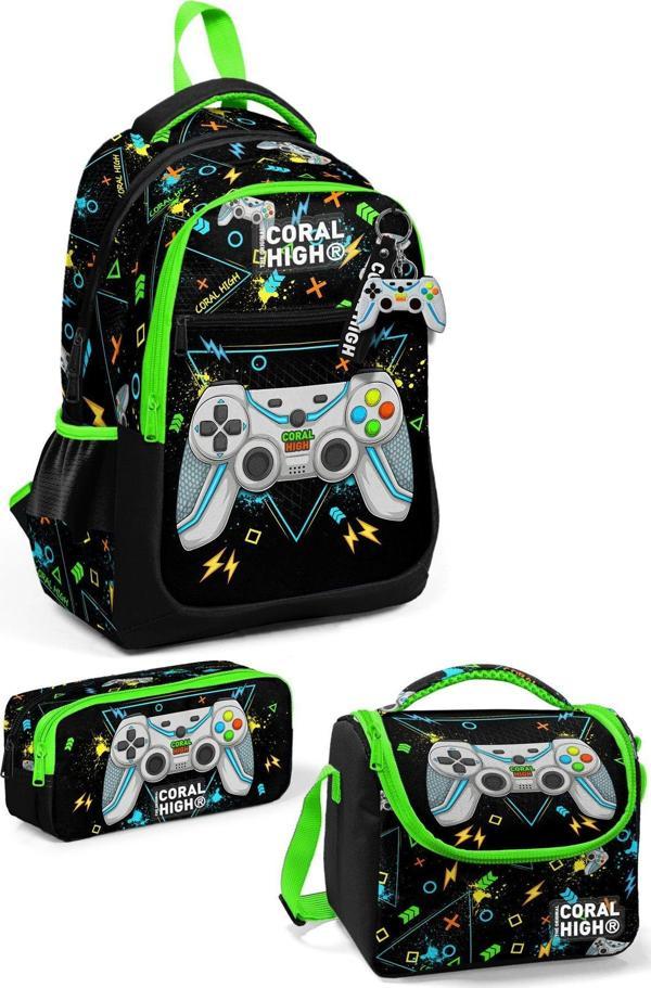 Coral High Kids Siyah Fosforlu Yeşil Gamer Desenli 3’lü Okul Çanta Seti SET0123654 - Image 1