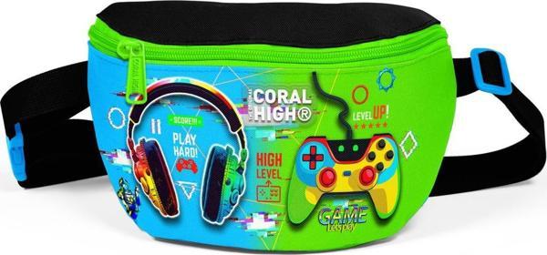 Coral High Kids Siyah Fosforlu Yeşil Kulaklık Game Desenli Bel Çantası 11559 - Image 1
