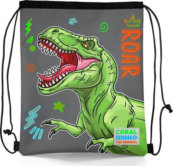 Coral High Kids Siyah Gri Dinozor Desenli İpli Büzgülü Sırt Çantası 22444 - Image 1