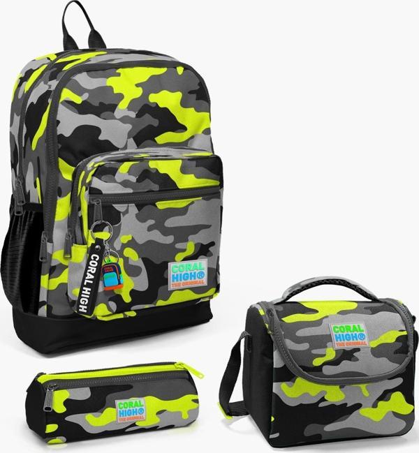Coral High Kids Siyah Gri Kamuflaj Desenli 3’lü Okul Çanta Seti SET0123117 - Image 1