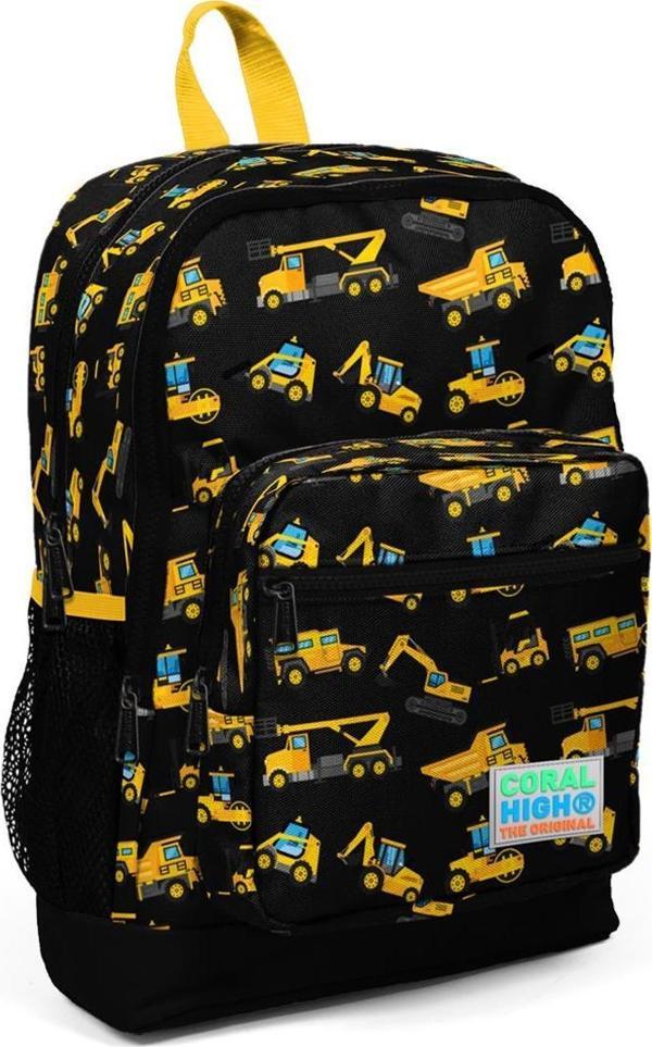 Coral High Kids Siyah İş Makineları Desenli USB Şarjlı Kulaklık Çıkışlı Okul Sırt Çantası 23288 - Image 1