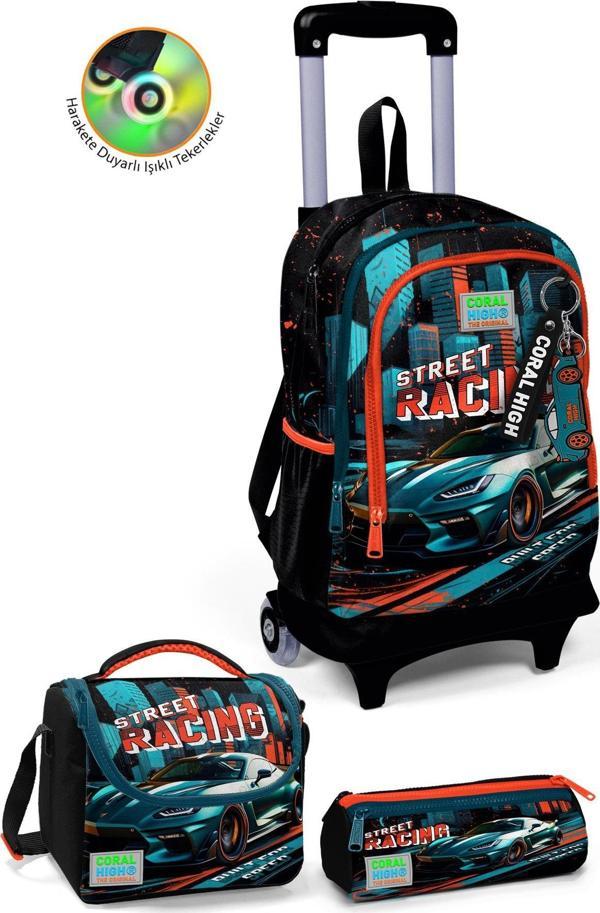 Coral High Kids Siyah Nefti Yarış Arabası Desenli Üç Bölmeli Çekçekli 3'lü Çanta Seti SET0123965 - Image 1