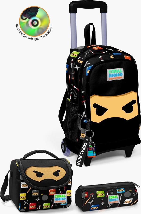 Coral High Kids Siyah Ninja Desenli Çekçekli 3'lü Çanta Seti SET0123381 - Image 1