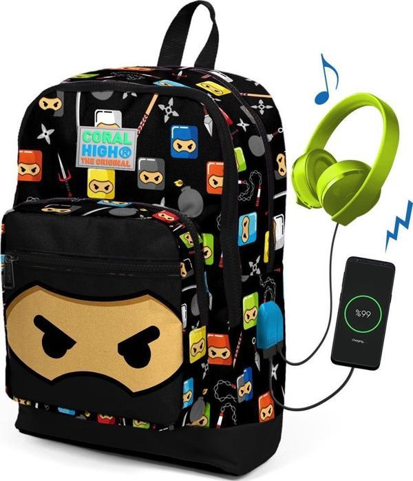 Coral High Kids Siyah Ninja Desenli USB Şarjlı Kulaklık Çıkışlı Okul Sırt Çantası 23285 - Image 1
