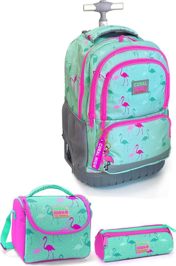 Coral High Kids Su Yeşili Flamingo Desenli Çekçekli 3'lü Çanta Seti SET0124022 - Image 1