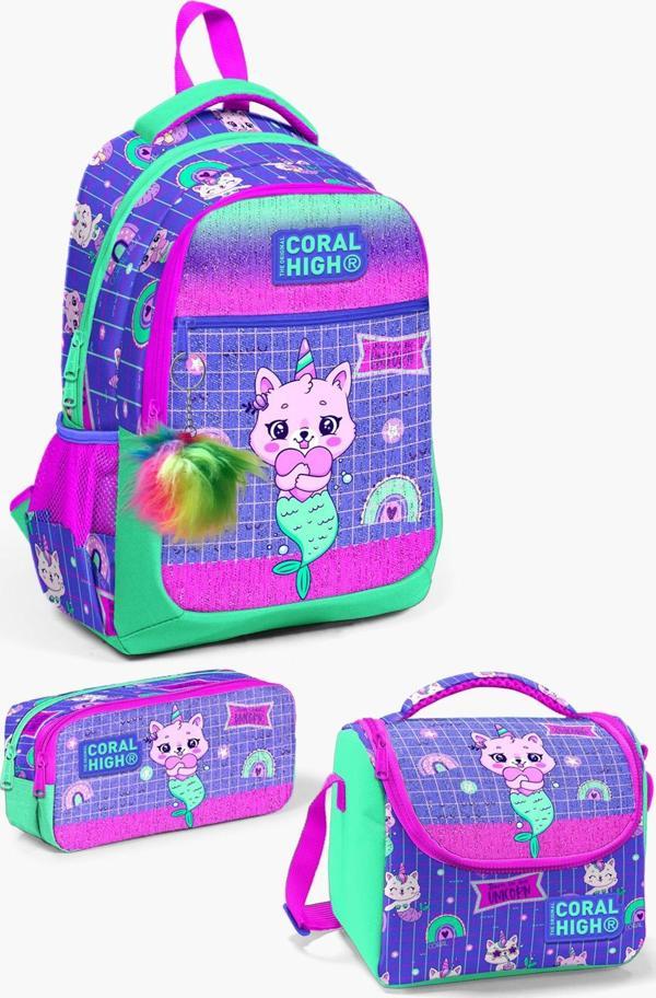 Coral High Kids Su Yeşili Lavanta Unicorn Kedi Desenli 3’lü Okul Çanta Seti SET0123478 - Image 1