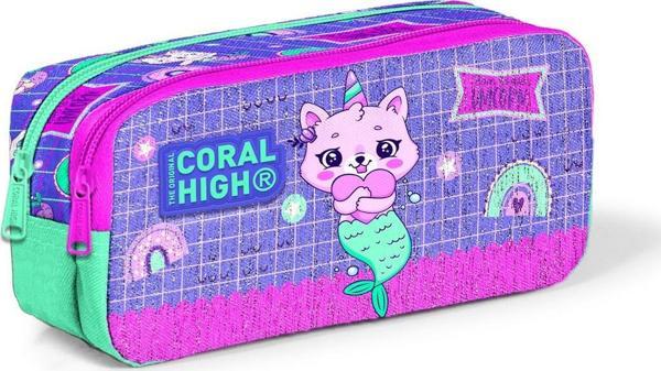 Coral High Kids Su Yeşili Lavanta Unicorn Kedi Desenli İki Bölmeli Kalem Çantası 12051 - Image 1