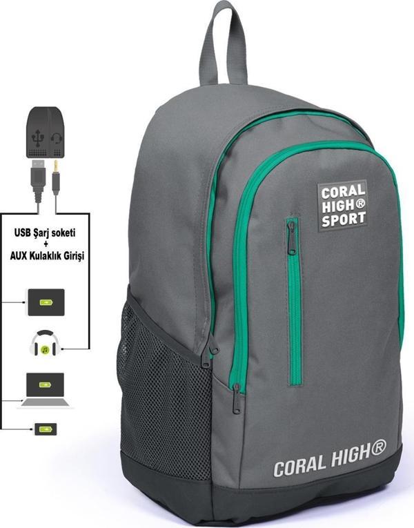 Coral High Sport Açık Gri Üç Bölmeli USB Şarjlı Kulaklık Çıkışlı Sırt Çantası 23233 - Image 1
