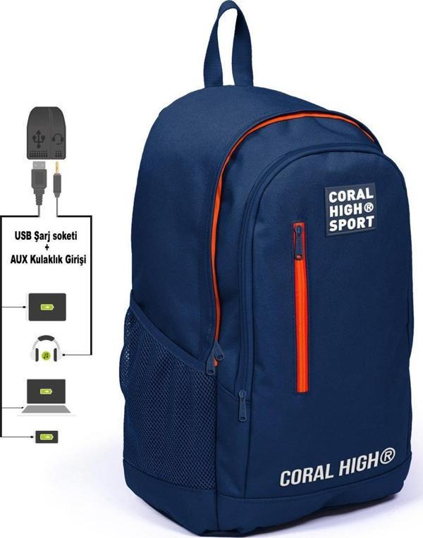 Coral High Sport Lacivert Üç Bölmeli USB Şarjlı Kulaklık Çıkışlı Sırt Çantası 23232 - Image 1