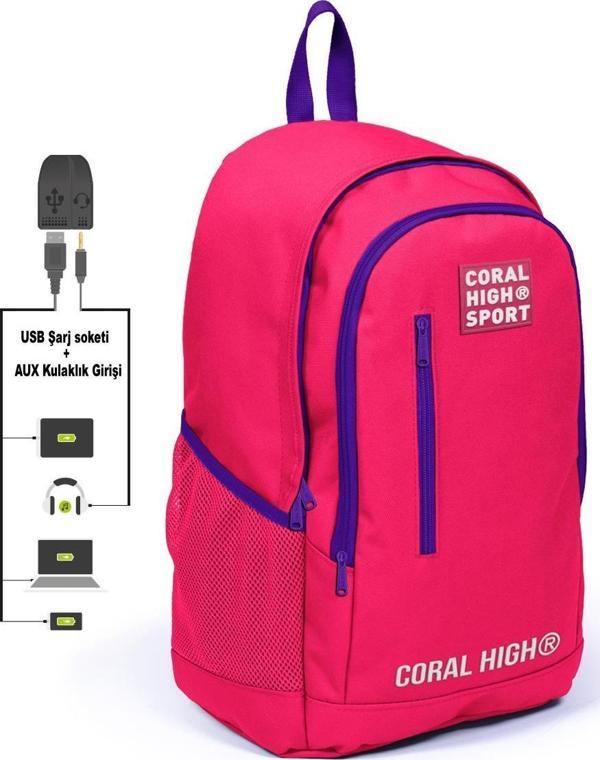 Coral High Sport Neon Mercan Üç Bölmeli USB Şarjlı Kulaklık Çıkışlı Sırt Çantası 23235 - Image 1