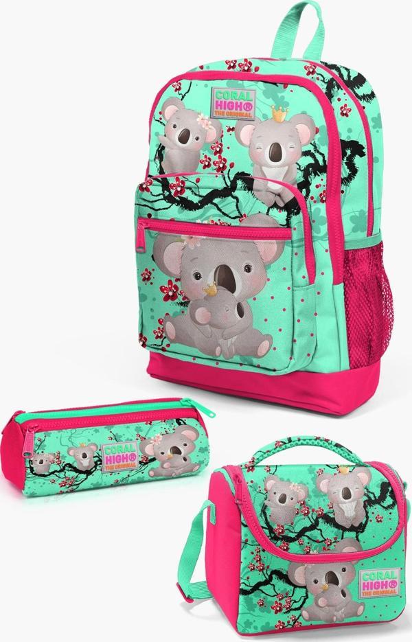 Coral High Kids Su Yeşili Neon Mercan Koala Desenli 3’lü Okul Çanta Seti SET0123713 - Image 1