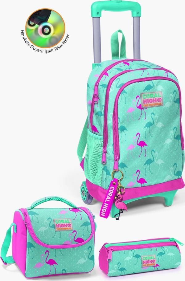 Coral High Kids Su Yeşili Neon Pembe Flamingo Desenli Çekçekli 3'lü Çanta Seti SET0123131 - Image 1