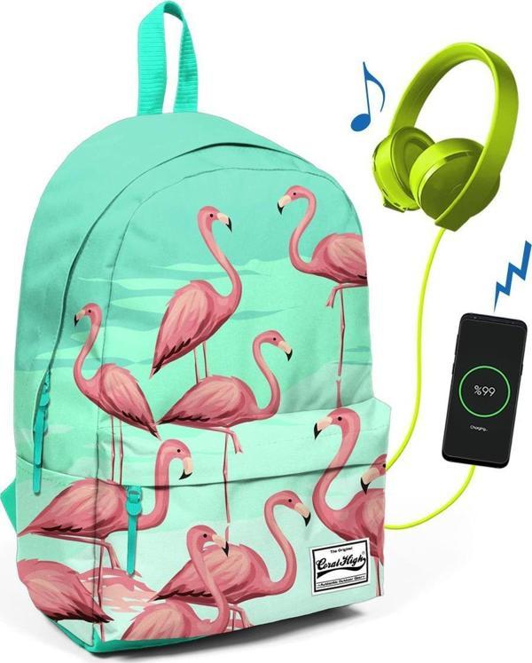 Coral High Su Yeşili Flamingolu İki Bölmeli USB Şarjlı Kulaklık Çıkışlı Sırt Çantası 23432 - Image 1