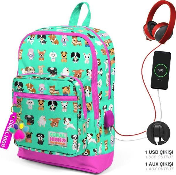 Coral High Kids Su Yeşili Neon Pembe Köpek Desenli Dört Bölmeli USB'li Okul Sırt Çantası 23266 - Image 1