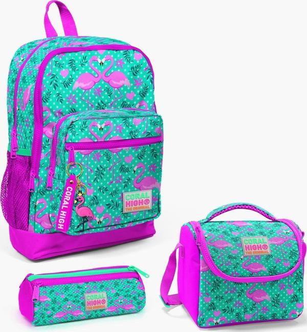 Coral High Kids Su Yeşili Pembe Flamingo Desenli 3’lü Okul Çanta Seti SET0123712 - Image 1