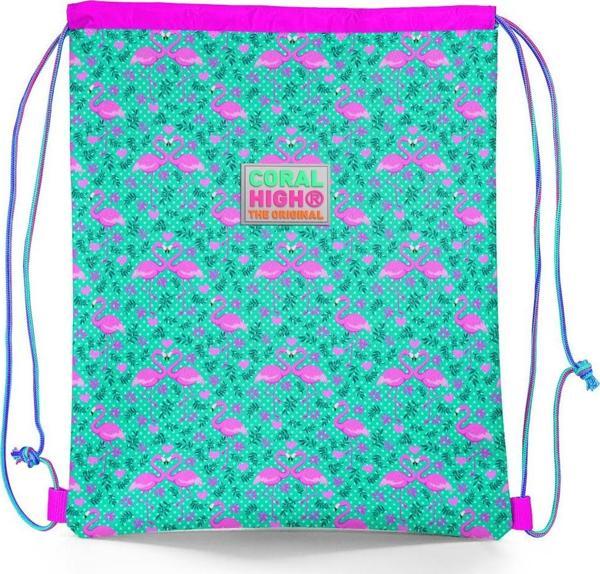 Coral High Kids Su Yeşili Pembe Flamingo Desenli İpli Büzgülü Sırt Çantası 22468 - Image 1