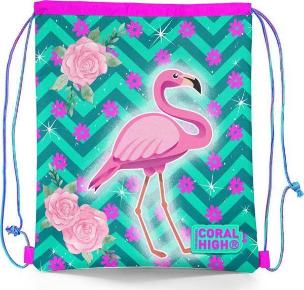 Coral High Kids Su Yeşili Pembe Flamingo Desenli İpli Büzgülü Sırt Çantası 22481 - Image 1